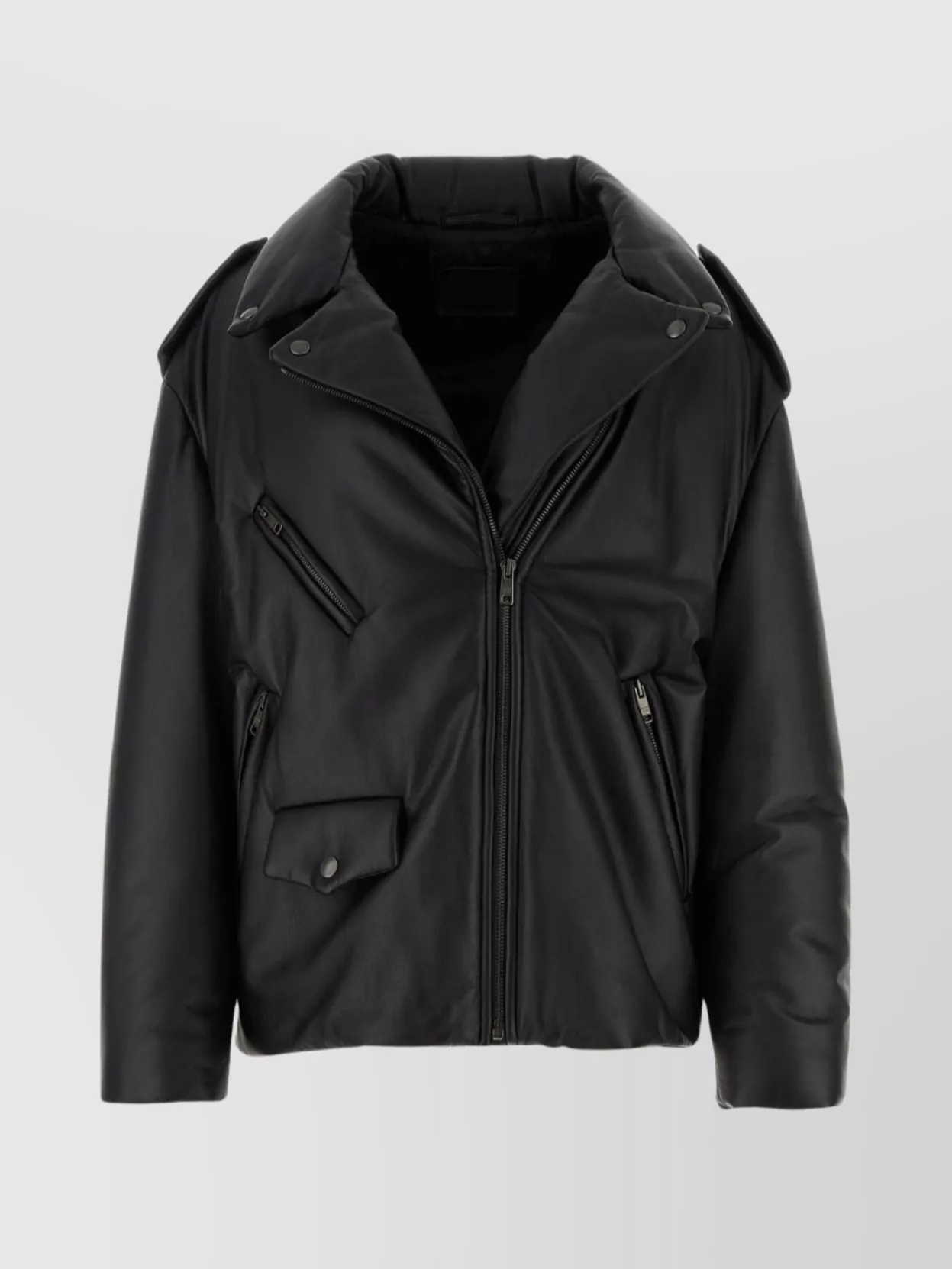 Shop Prada Padded Leather Jacket With Ribbed Cuffs