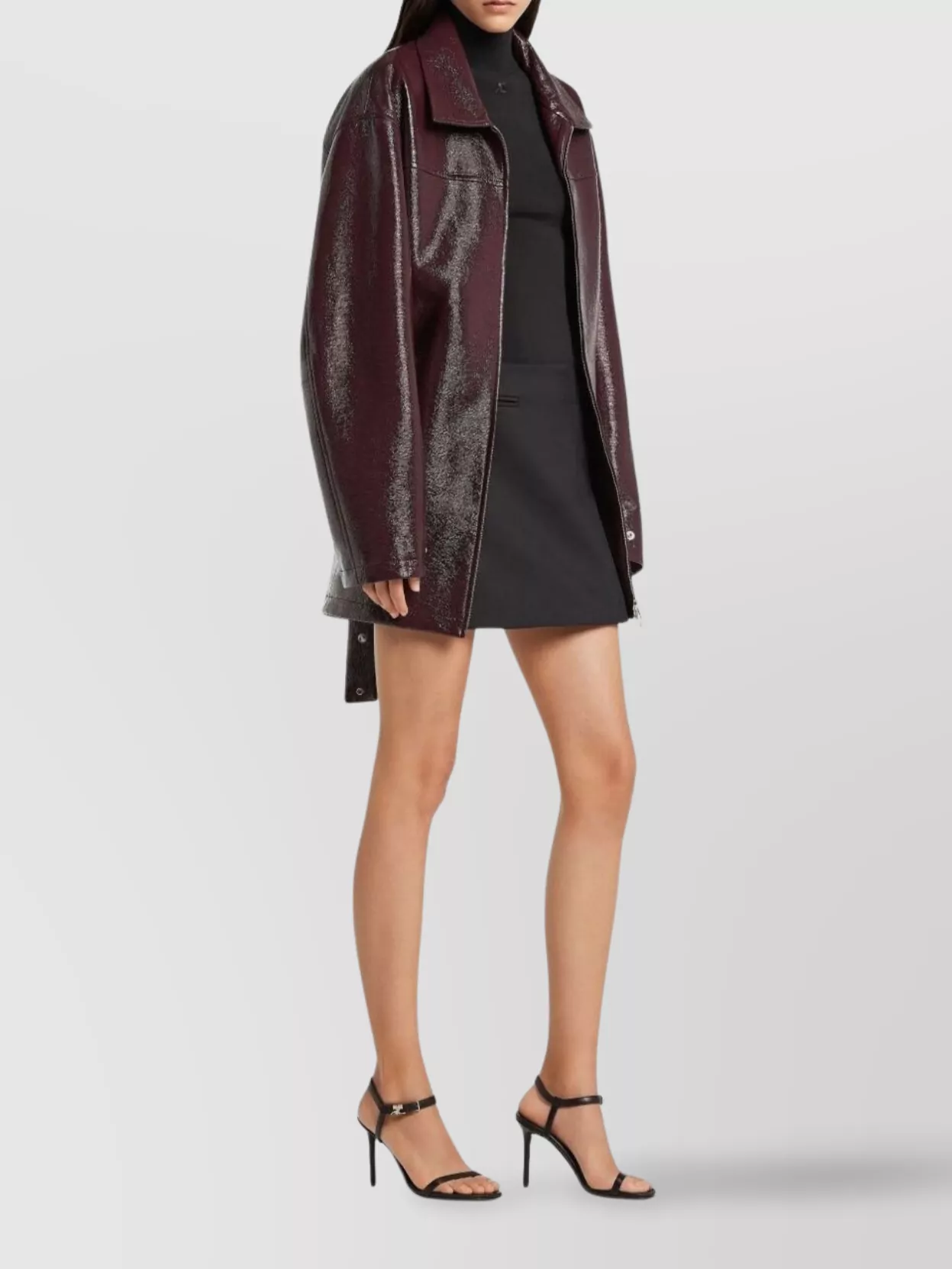 Courrèges Shiny Bomber Jacket Belted Waist In Burgundy