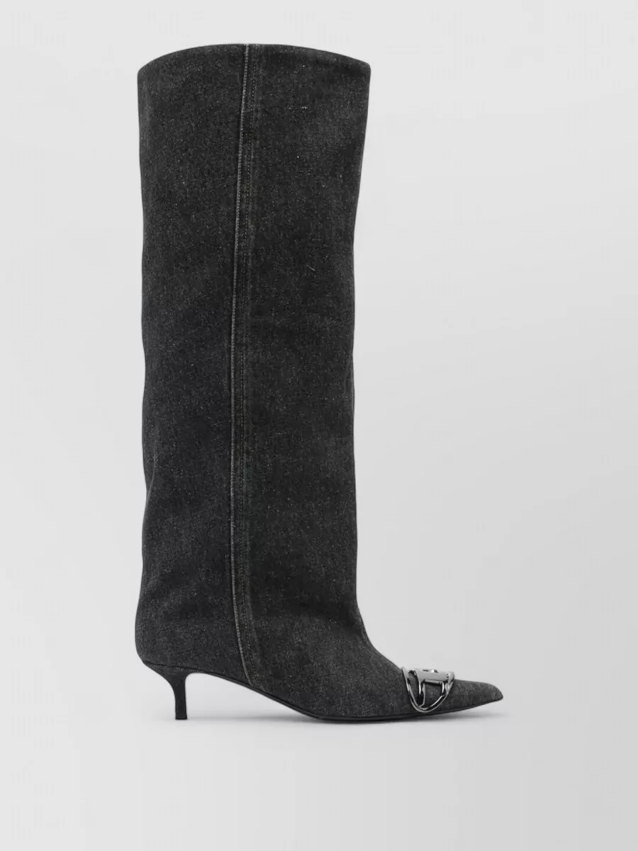 Diesel Knee High Boots Kitten Heel Buckle Toe