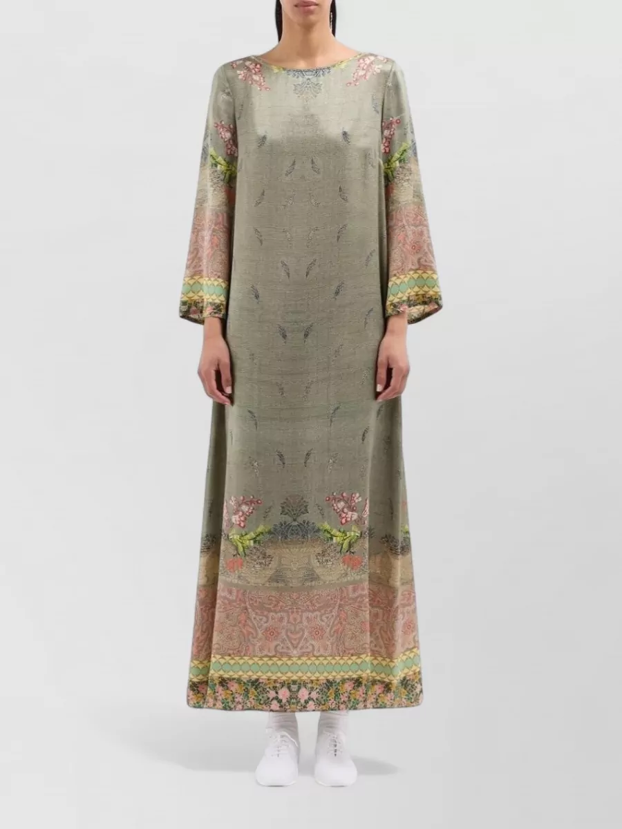 Pierre Louise Mascia Silk Floral Paisley Boat Neck Long-Sleeve Maxi Dress