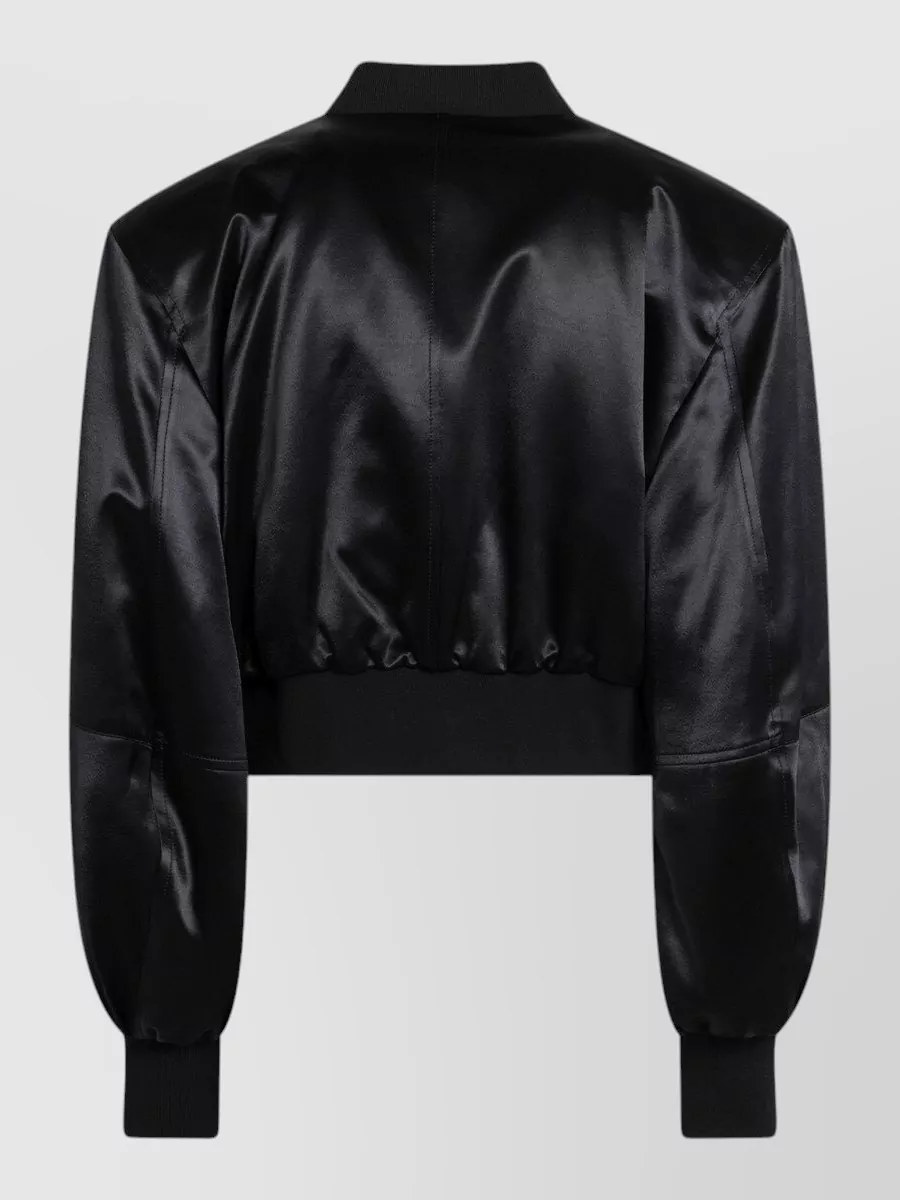 Attico Shiny Cropped Bomber Jacket Satin Ribbed In Black
