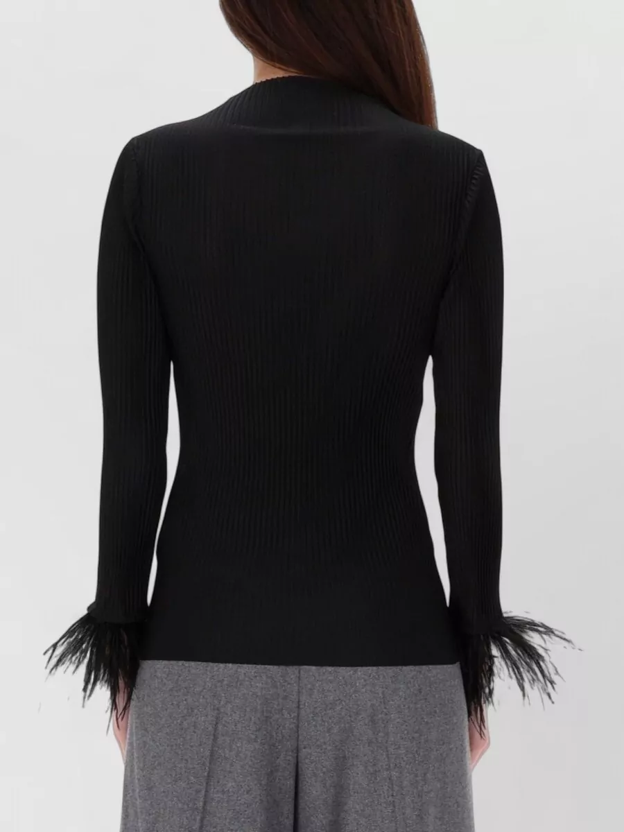 Boss Long Sleeve Fitted Ribbed Top With Feather Cuffs