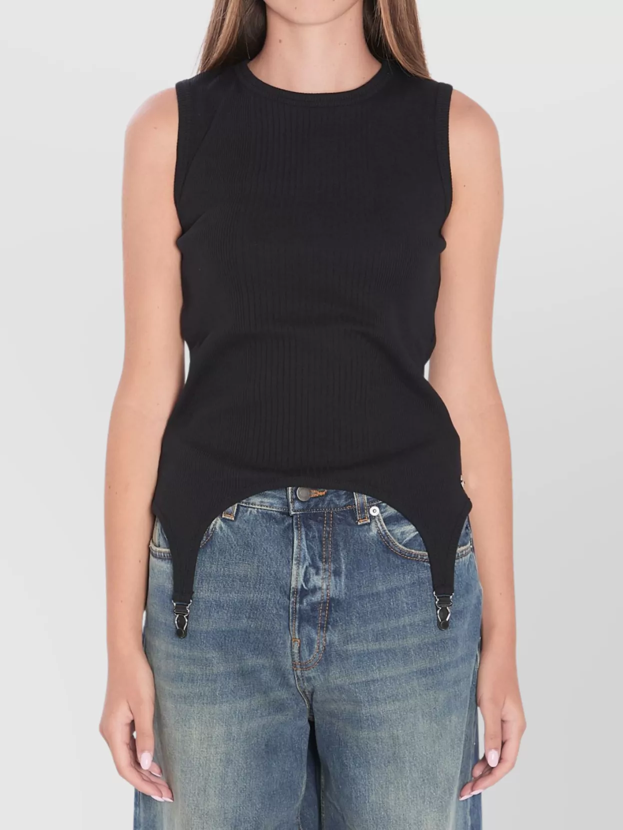 Jean Paul Gaultier Cotton Ribbed Tank Top With Lingerie Garter Clothing In Black