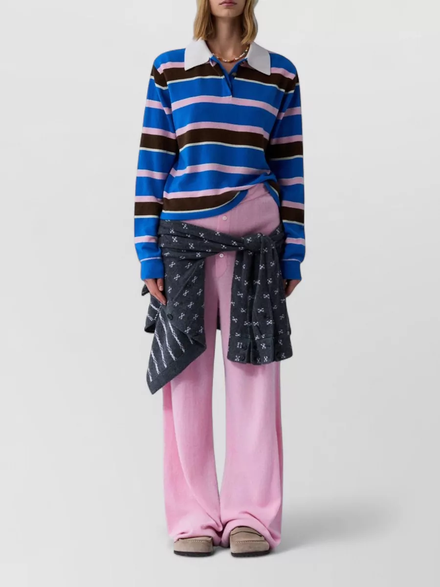 Guest In Residence Striped Cropped Cashmere Polo Top
