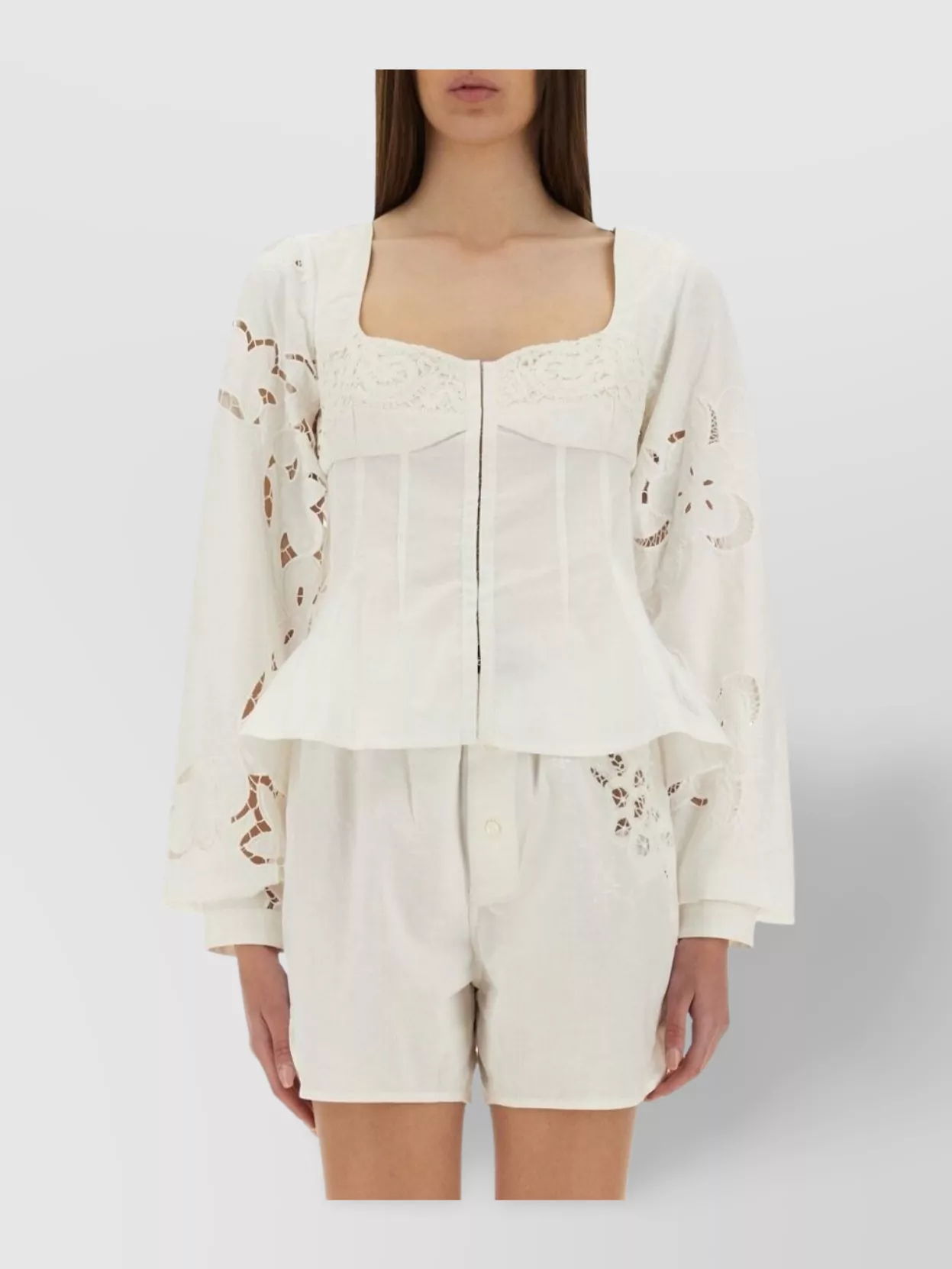 Marine Serre Fitted White Top With Square Neckline And Floral Embroidery