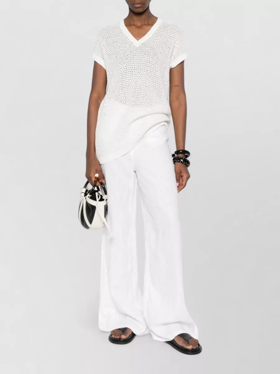 Fabiana Filippi Openwork V-Neck Short-Sleeve Sequin-Embellished Top