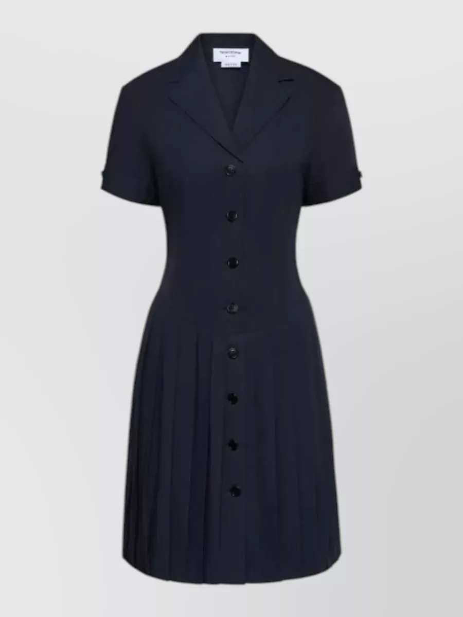 Thom Browne cotton short sleeve lapel collar pleated knee-length dress