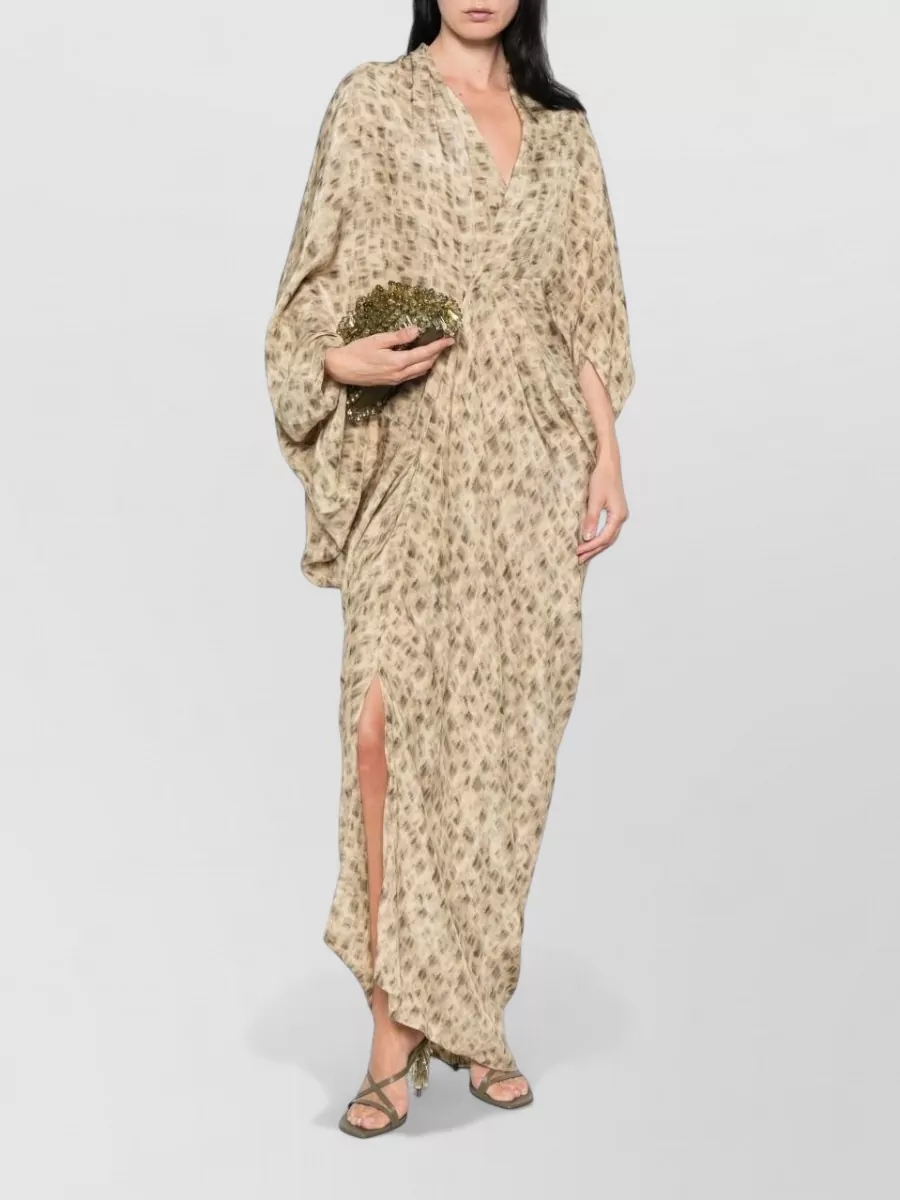Cortana printed draped v-neck batwing-sleeve side-slit beach cover-up dress