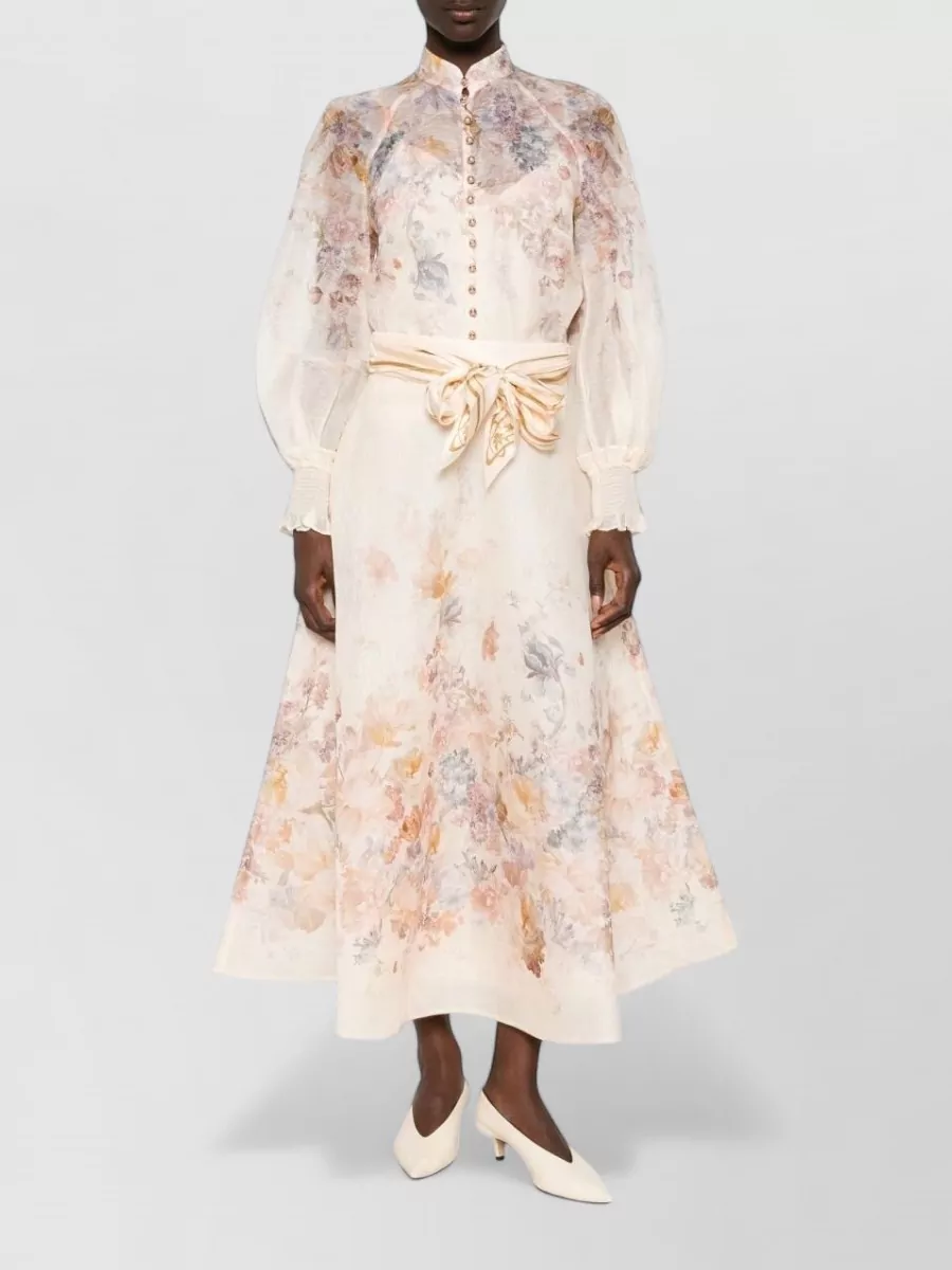 Zimmermann Floral-Print Sheer High-Neck Long-Sleeve Blouse