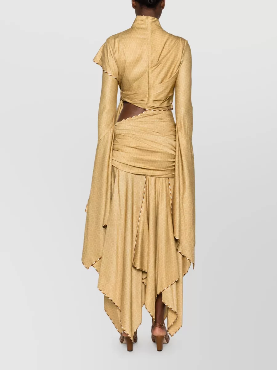 Zimmermann Silk Printed High-Neck Draped Asymmetric Cutout Ruched Long-Sleeve Midi Dress