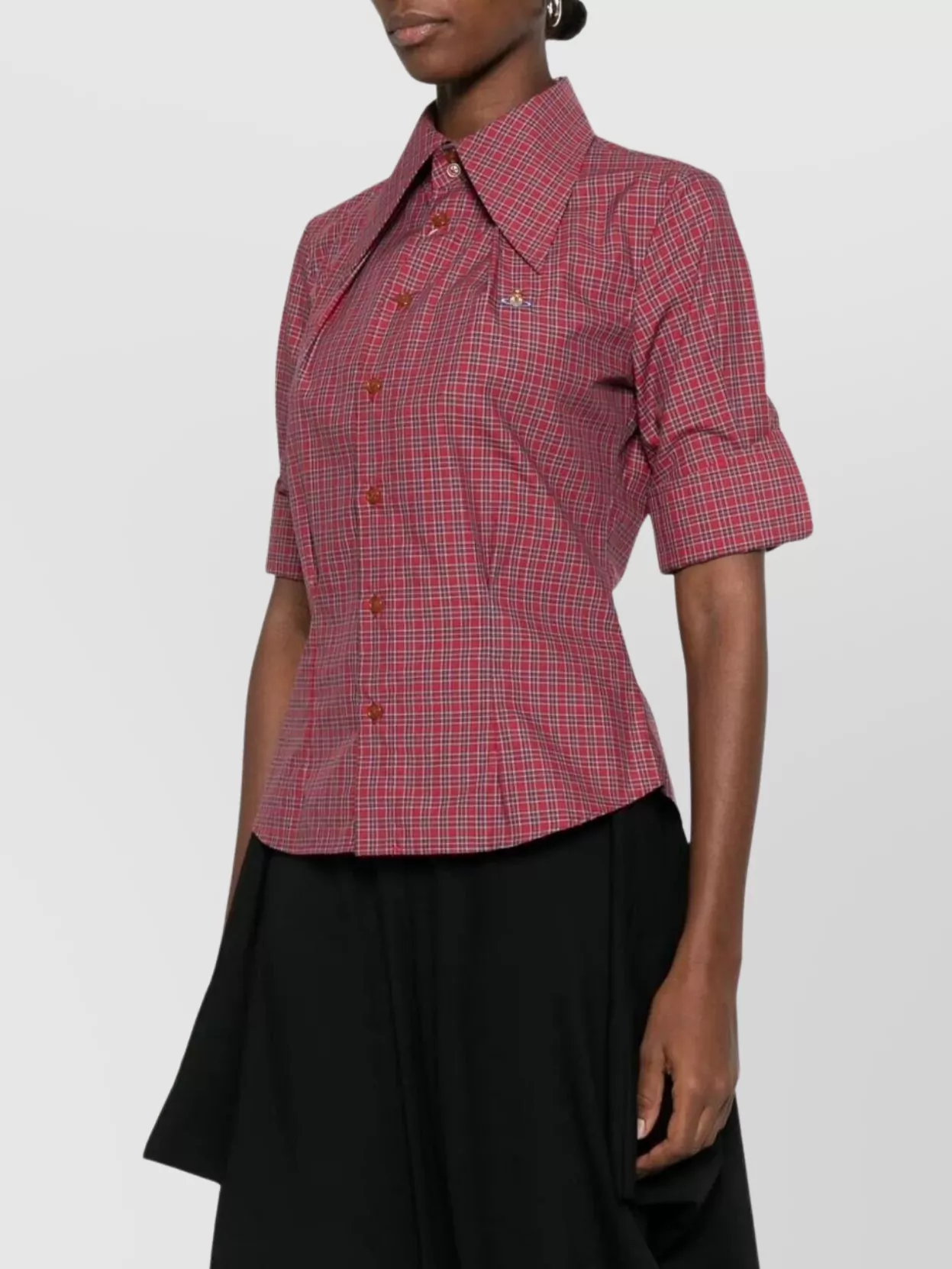 Vivienne Westwood Checkered Fold Cuffs Point Collar Short Sleeves