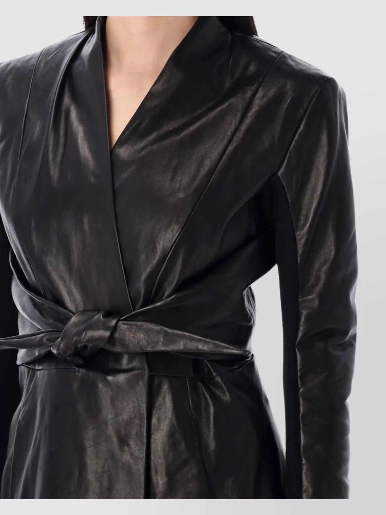 Rick Owens Leather Jacket With Belted Waist And Wrap Front