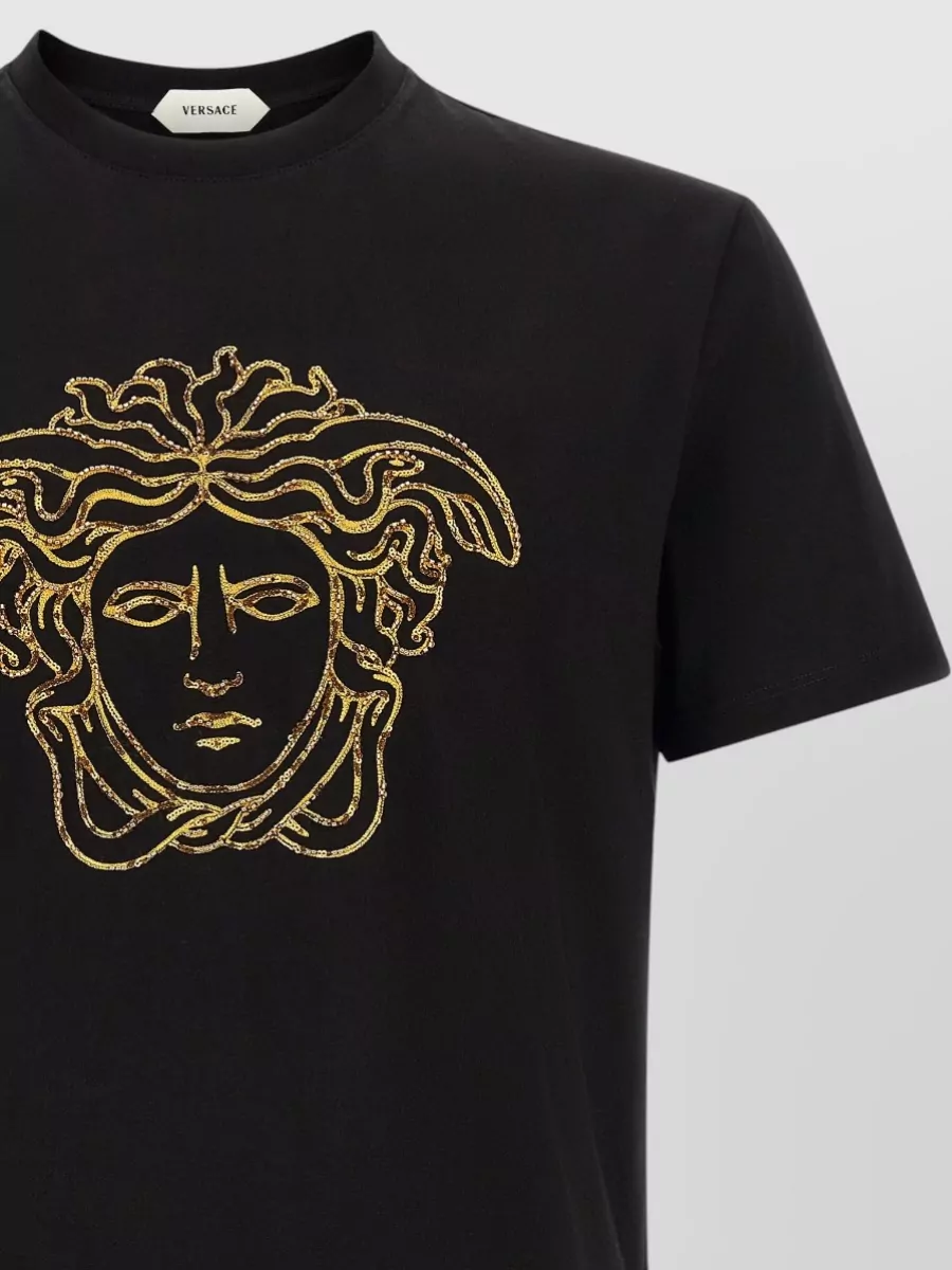 Versace Cotton Jersey Medusa Embroidered Short Sleeve T Shirt