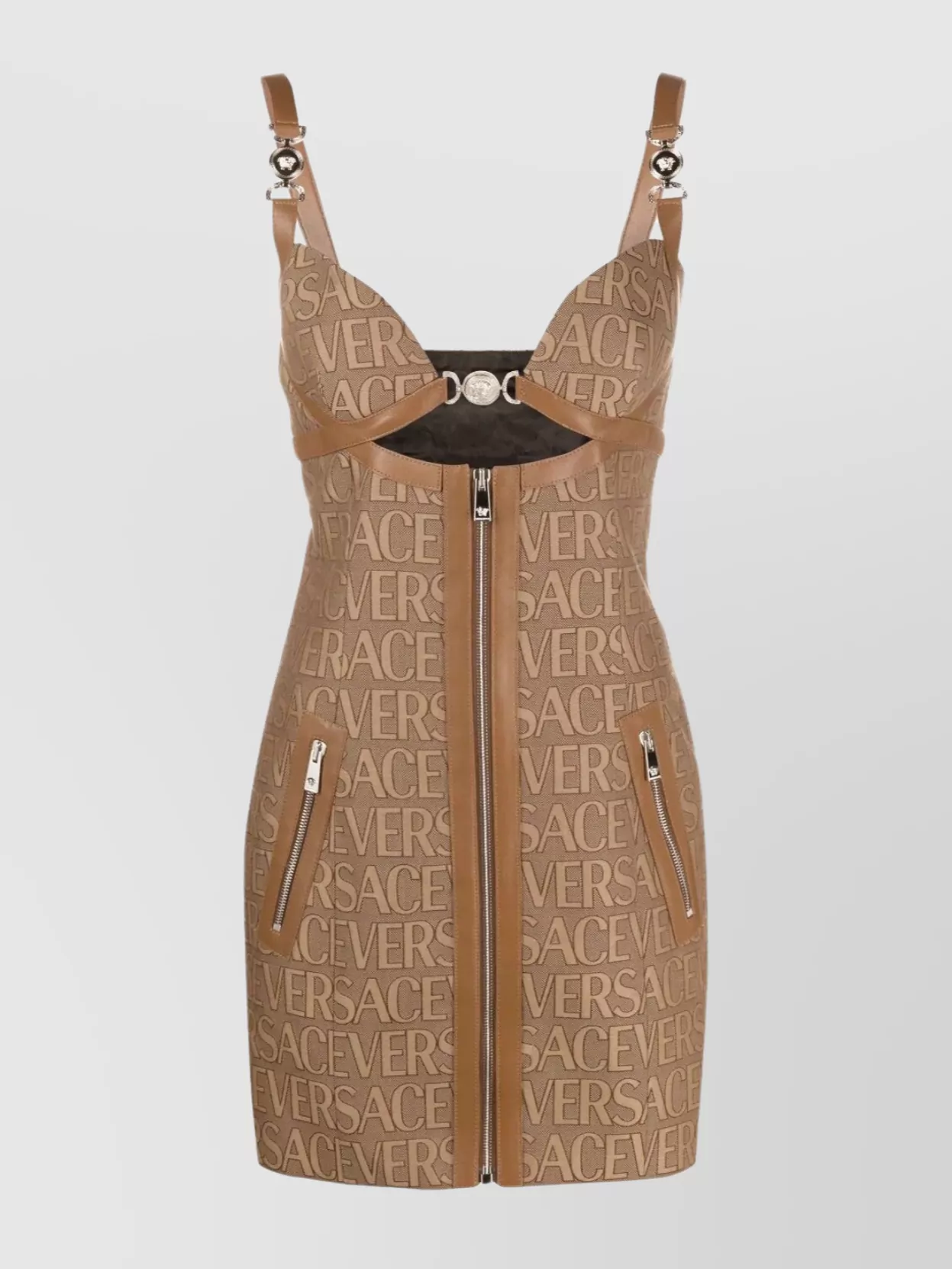 Shop Versace All-over Print Mini Dress In Beige