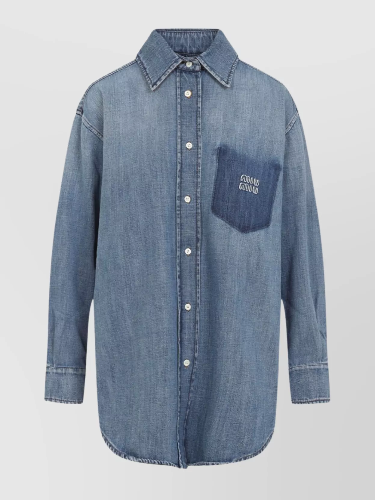 MIU MIU DENIM SHIRT WITH CHEST POCKET AND ROUND HEM