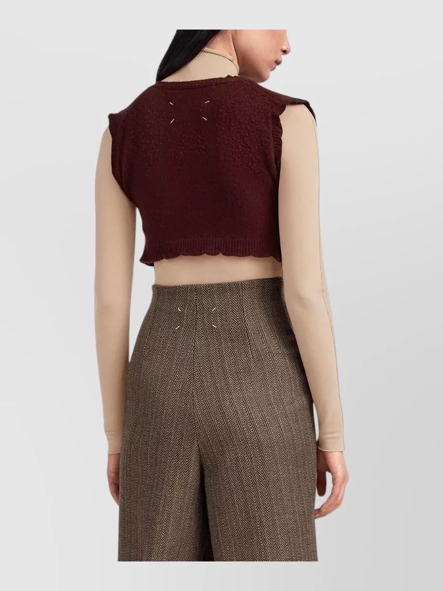 Maison Margiela Virgin Wool Distressed Cropped V-Neck Sleeveless Ribbed Knitted Top