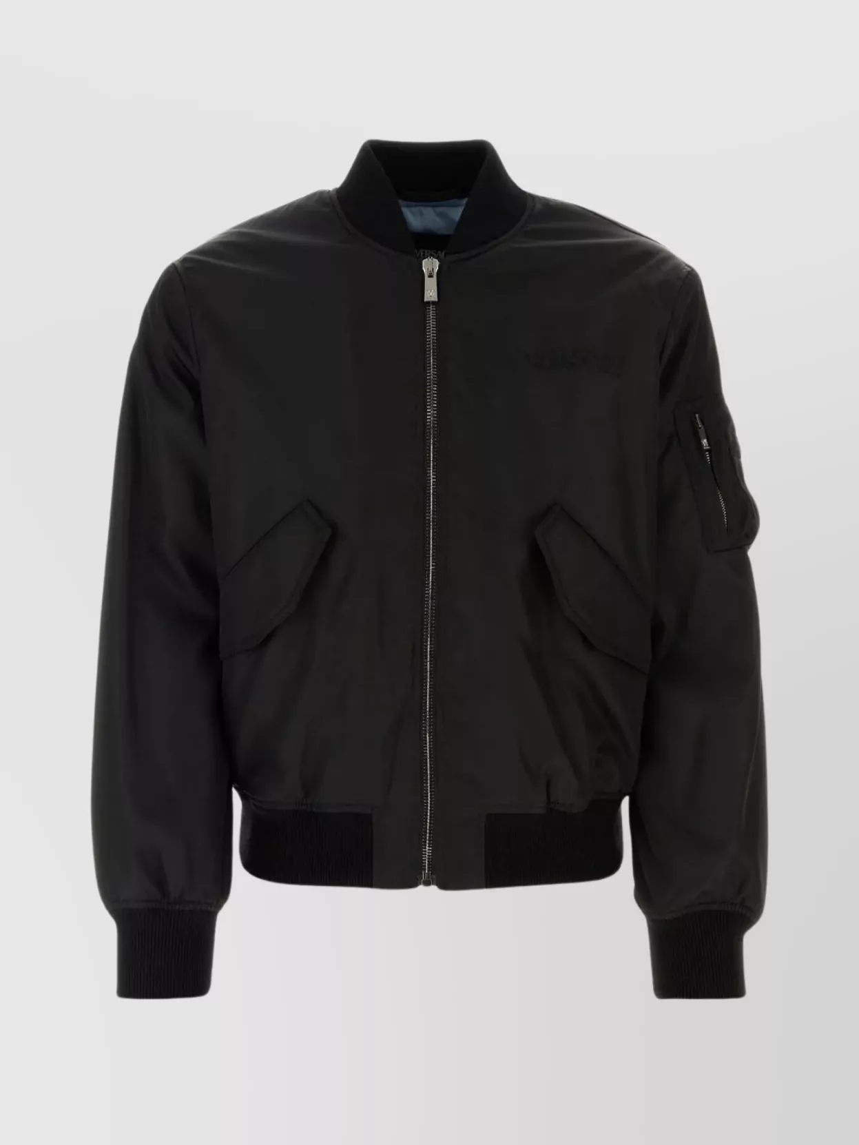 Shop Versace Nylon Ribbed Bomber Jacket With Flap And Utility Pockets In Black