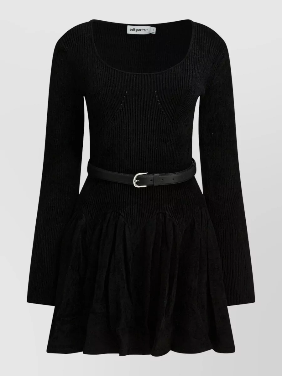 Self-Portrait Chenille knit scoop neck long sleeve flared mini dress
