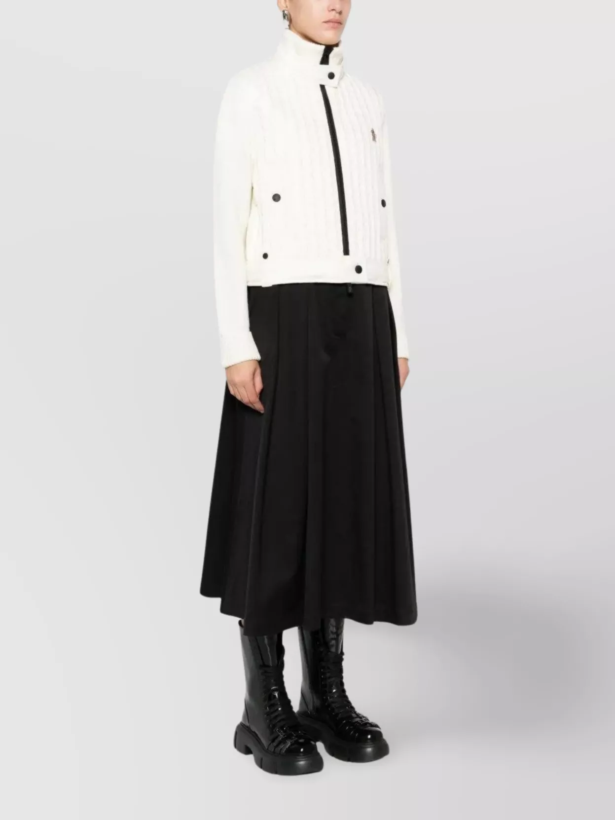 Moncler High Collar Knitted Jacket Pockets In Neutral