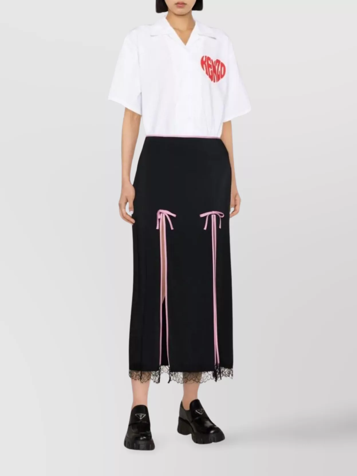 Kenzo Heart Print Collared Shirt With Lace Trim