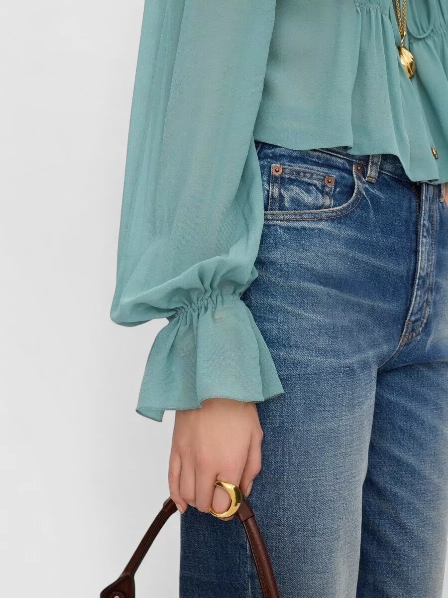 Chloé Silk Cropped Ruffled Long-Sleeve Blouse