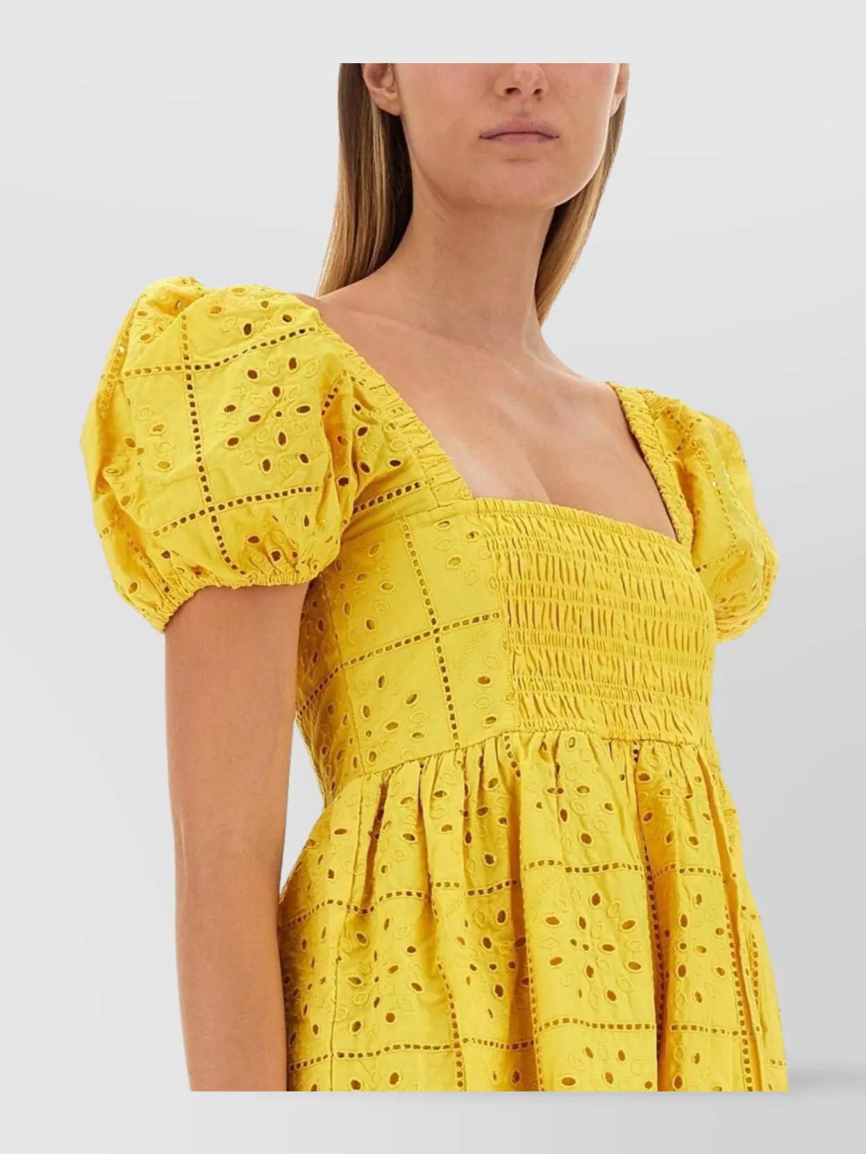Ganni Square Neck Puff Sleeve Mini Dress In Yellow