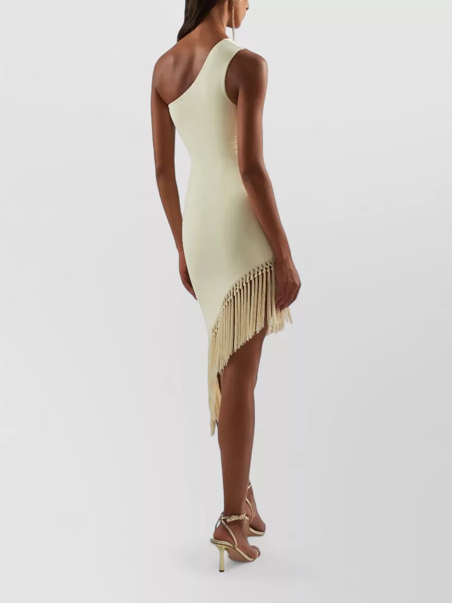 Taller Marmo Fringe Asymmetric One-Shoulder Midi Dress