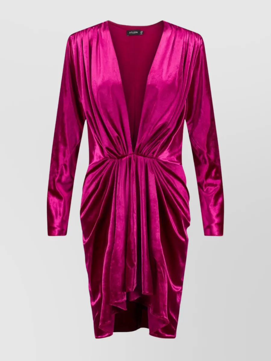 Atlein Deep V Neck Long Sleeve Draped Velvet Mini Dress In Pink