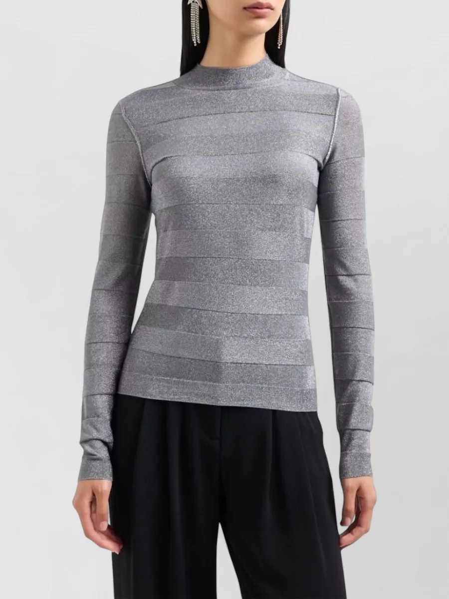 Emporio Armani Striped Mock Neck Long Sleeve Knitted Top