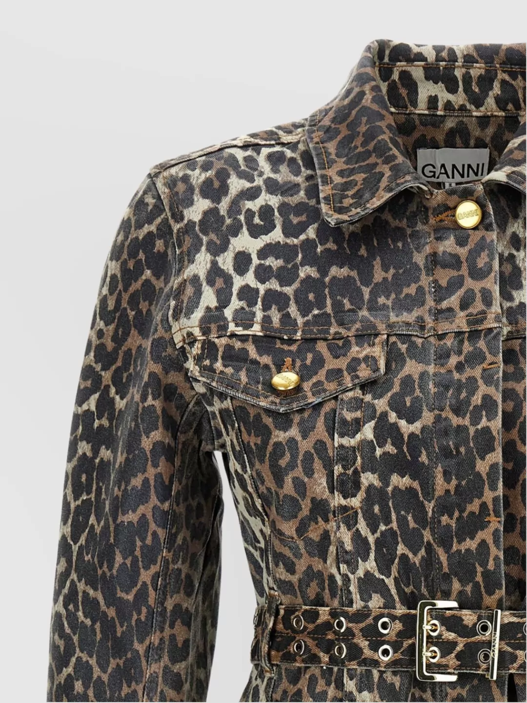 Ganni Foil Print Denim Dress In Leopard