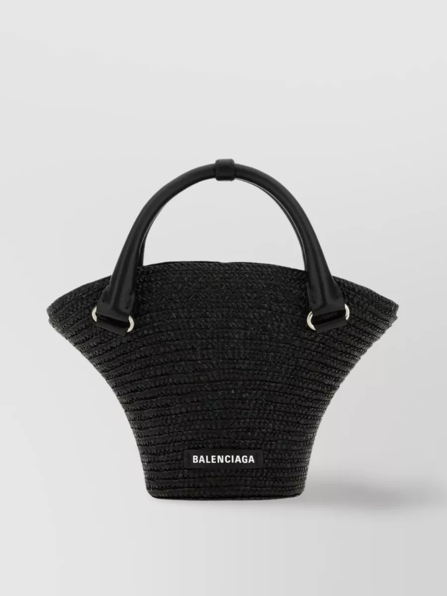 Shop Balenciaga Straw Beach Bag With Adjustable Leather Strap In Black
