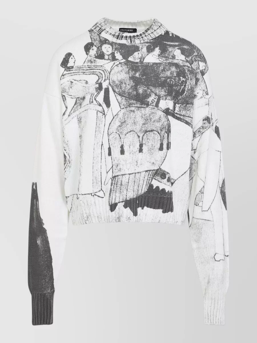 Enfants Riches Deprimes Cropped Graphic Knit Sweater Round Neckline