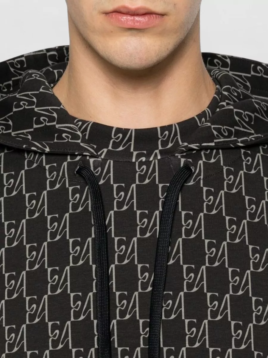 Emporio Armani Ribbed Cuff Monogram Print Hoodie