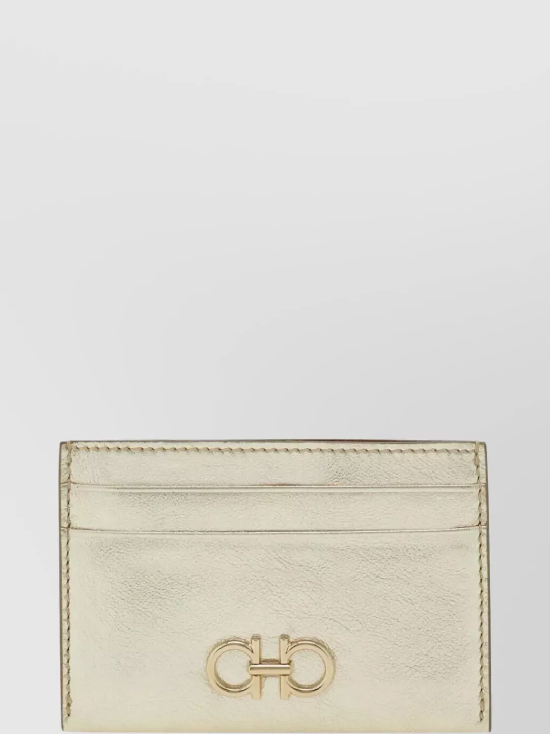 Ferragamo Laminated Leather Card Holder With Gold-tone Hardware In Gold