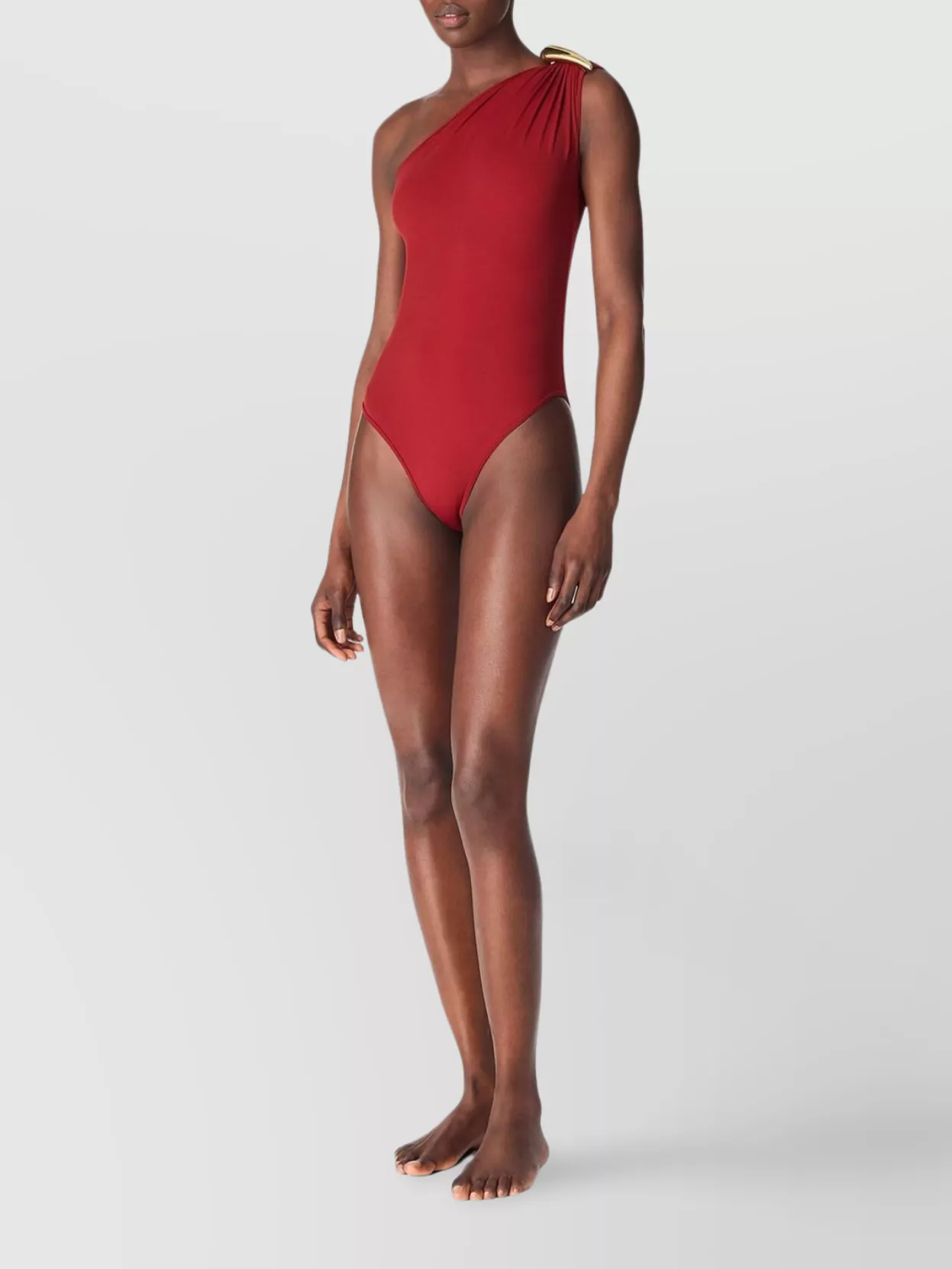 Bottega Veneta Gold-tone Hardware One-shoulder Swimsuit In Red
