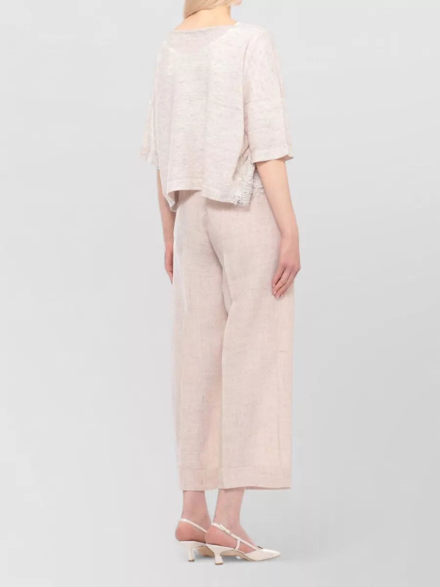 D.exterior Linen Cotton Short-Sleeve Crewneck Blouse