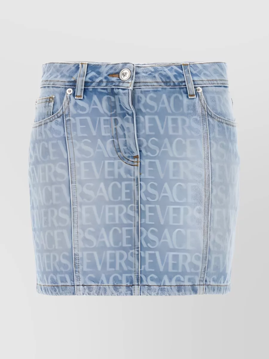 Shop Versace Denim Logo Print Mini Skirt In Blue