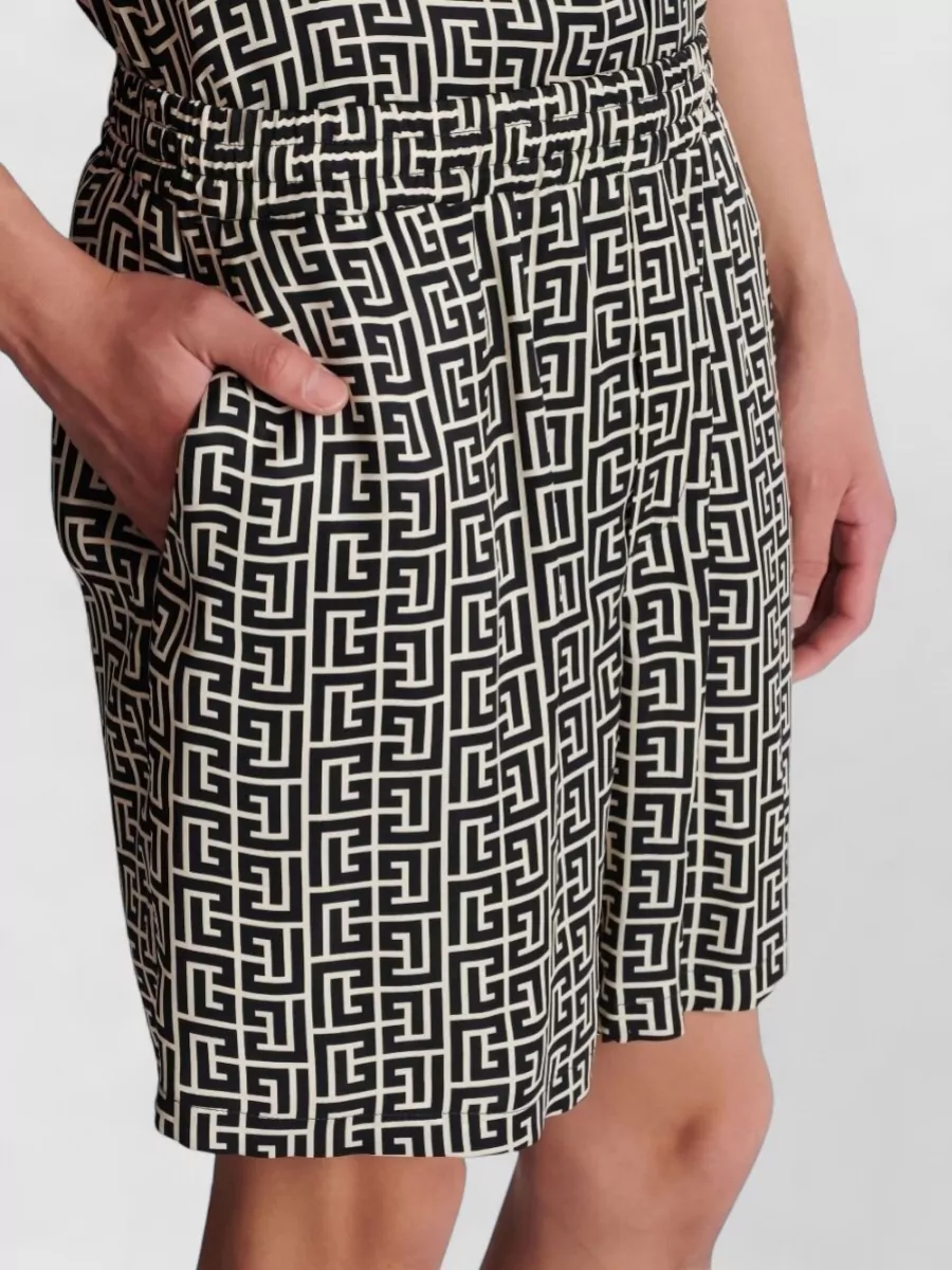 Balmain Silk Nylon Shorts Elastic Waistband Pockets Print