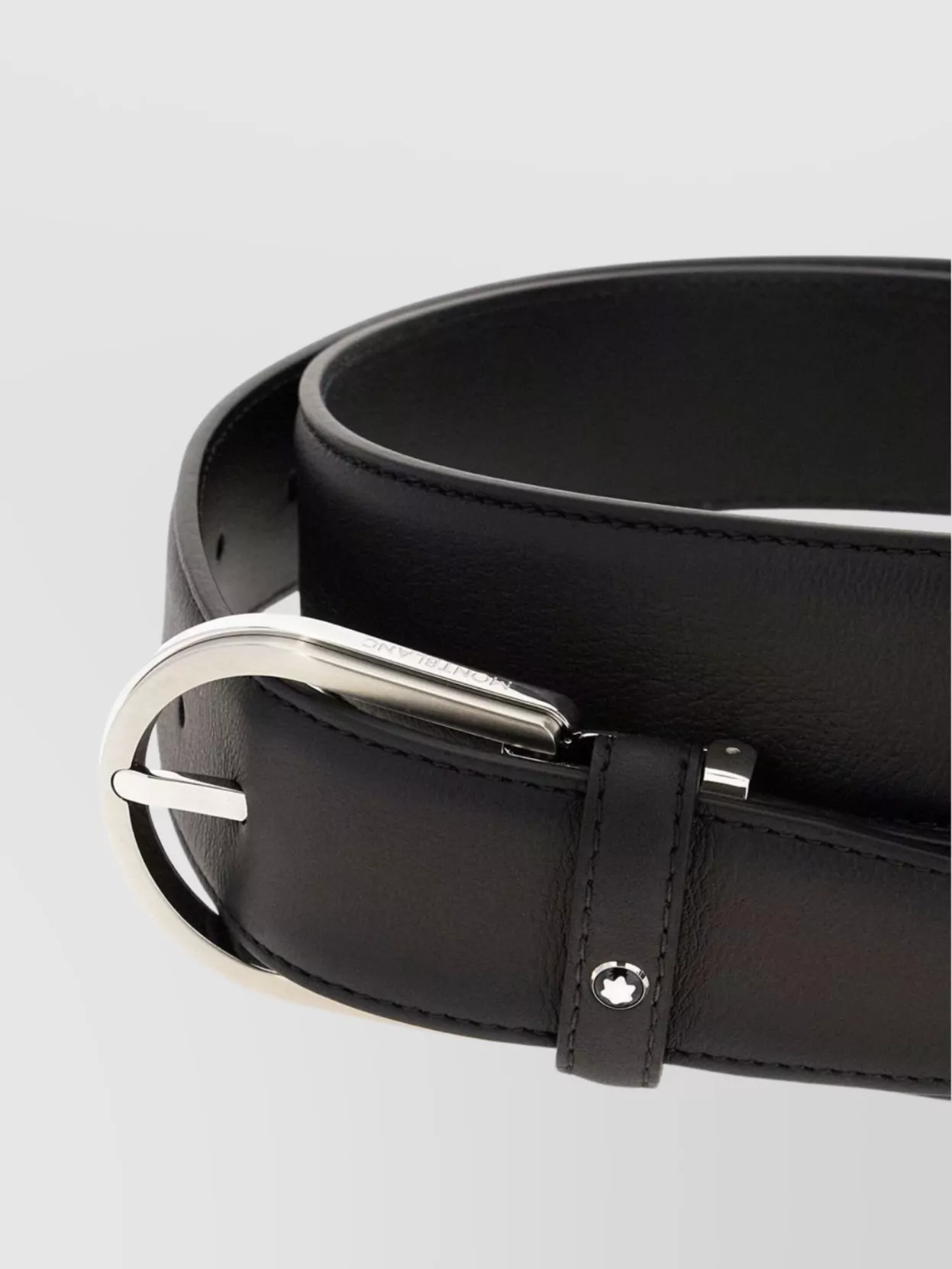 Montblanc Horseshoe Shiny Palladium Finish Pin Buckle Belt In Black