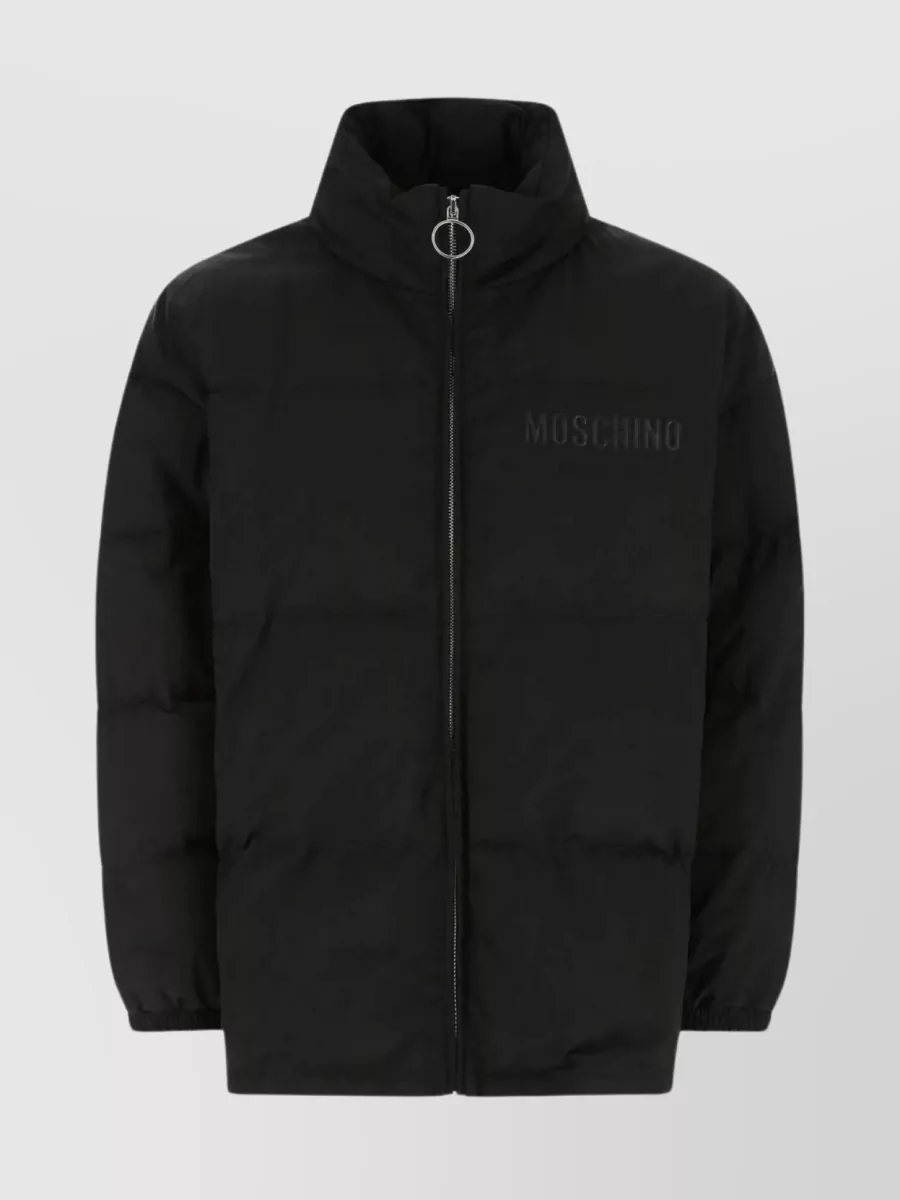 Shop Moschino Quilted High Collar Jacket With Elasticated Cuffs In Black