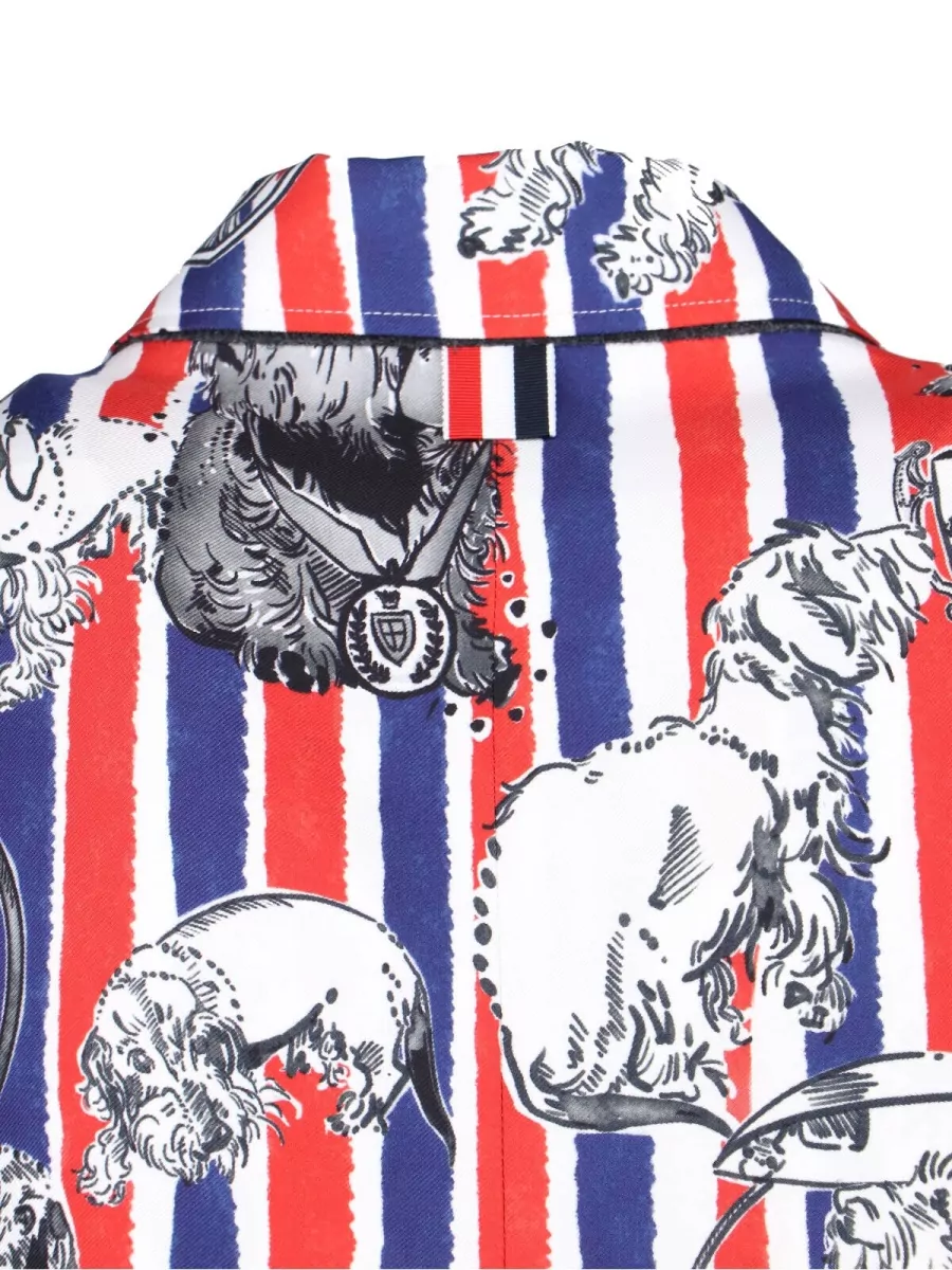 Thom Browne Silk Striped Logo Print Single-Breasted Long-Sleeve Blazer