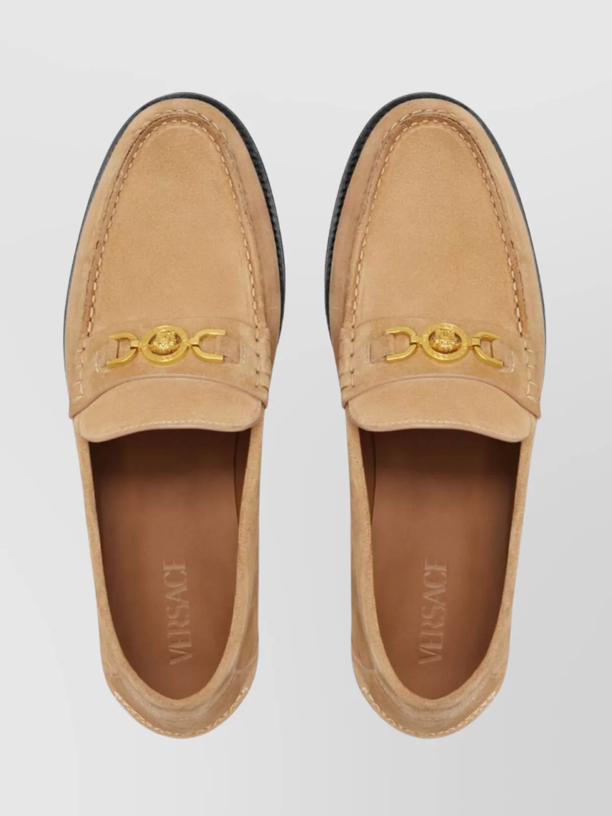Versace Suede Apron Toe Loafers With Gold-Tone Hardware