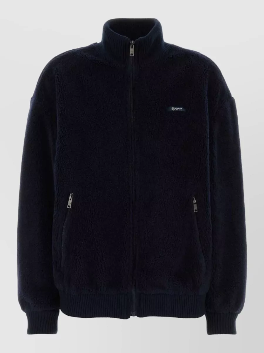 Prada Pile Bomber Jacket High Collar Ribbed Cuffs In Blue