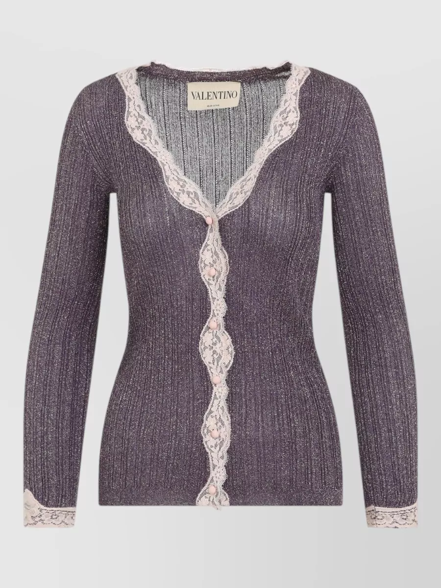Valentino ribbed lurex knit lace trim cardigan