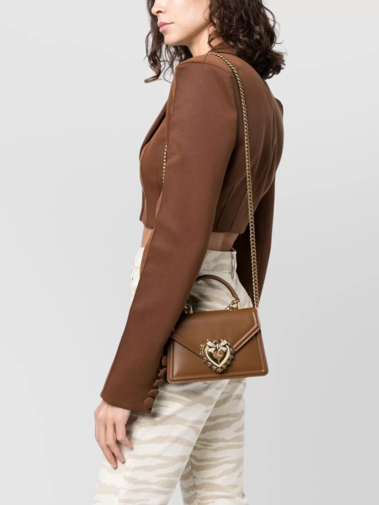 Dolce & Gabbana Heart Embellishment Small Leather Handbag In Brown
