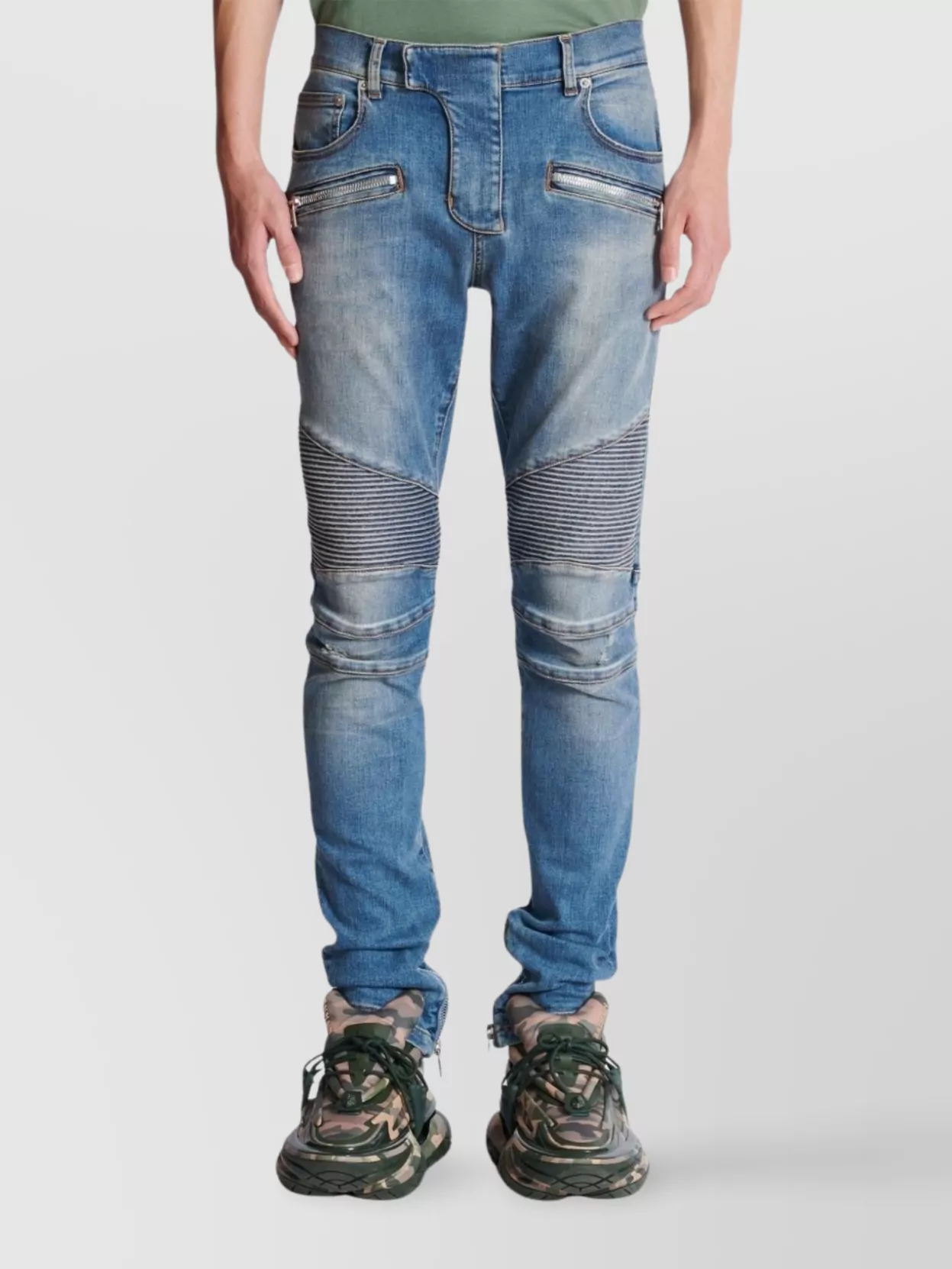 Shop Balmain Straight Trousers With Distressed Finish And Ribbed Detailing