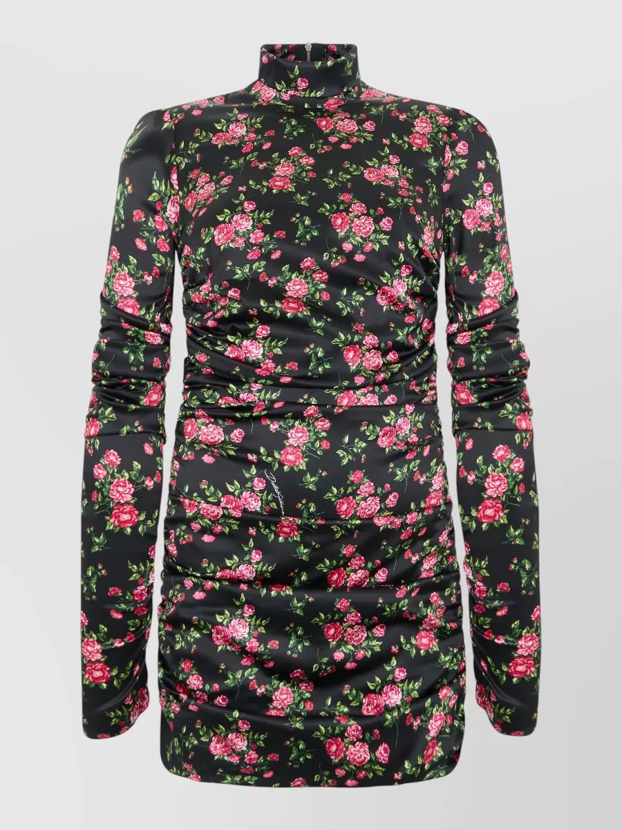 Dolce&Gabbana Silk Floral-Print Draped Long-Sleeve Short Dress