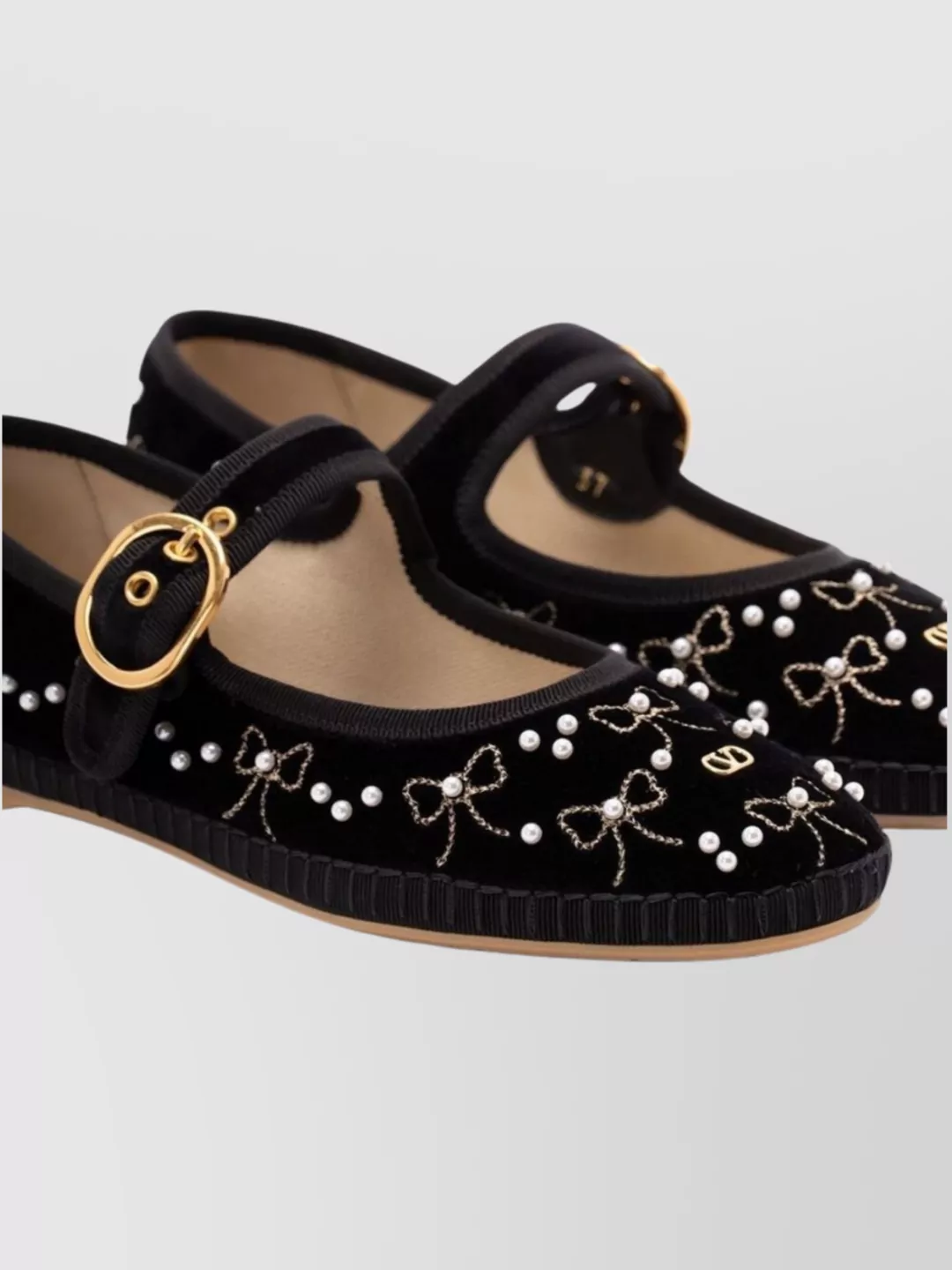 Valentino Endouce Embellished Grosgrain-trimmed Velvet Mary Jane Ballet Flats In Black