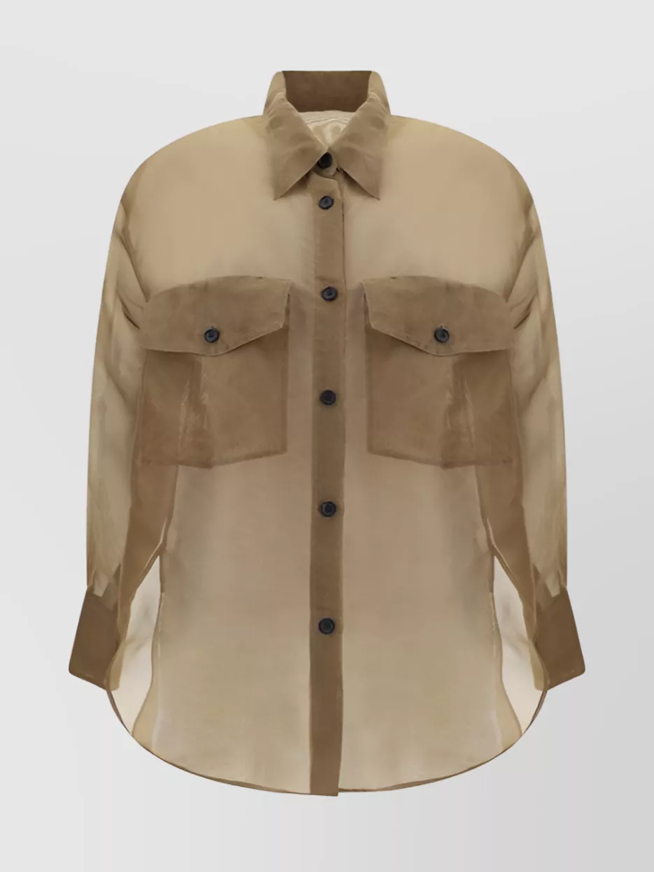 Khaite Silk Asymmetric Hem Top With Flap Pockets In Brown