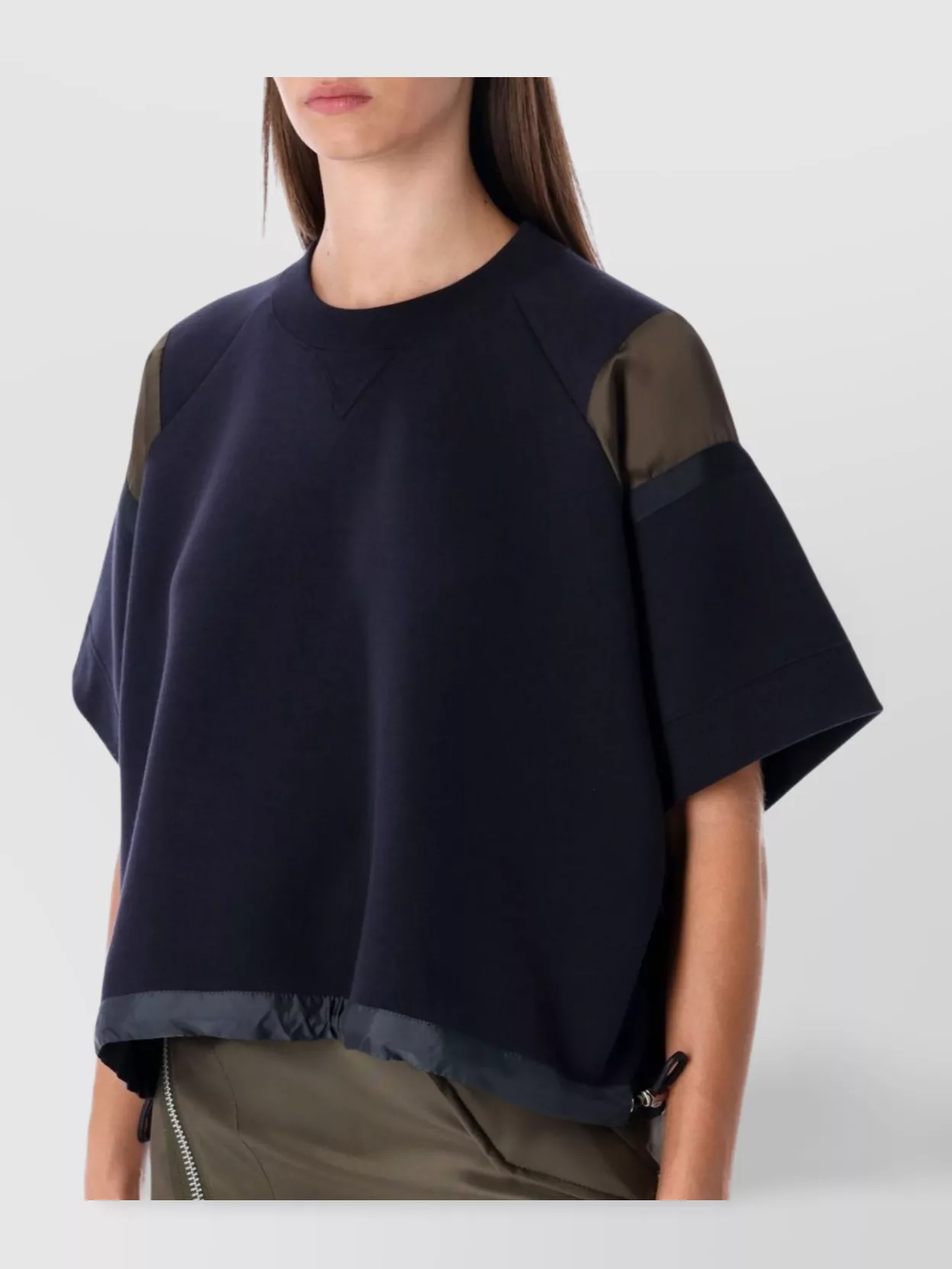 Sacai Oversized Technical Cotton T-shirt With Adjustable Drawstring Hem In Blue